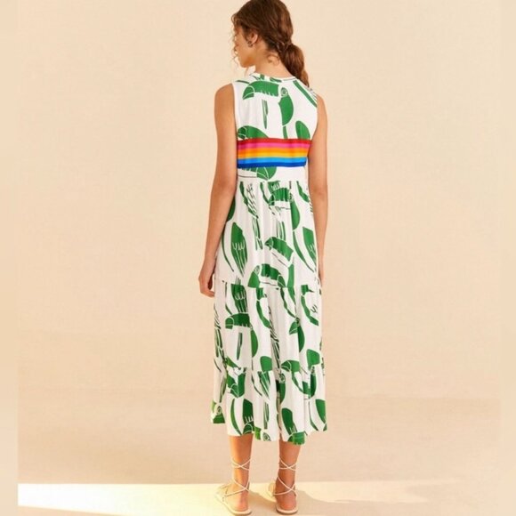 FARM RIO S Tiered Maxi Dress Rainbow Green Toucans White T-shirt Knit Comfy - Picture 6 of 9